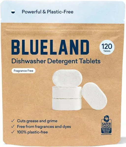 BLUELAND Dishwasher Detergent Tablet Refill 60 Count- Plastic-Free & Eco Friendly Alternative to Liquid Pods or Sheets - Natural, Sustainable - 60 Washes