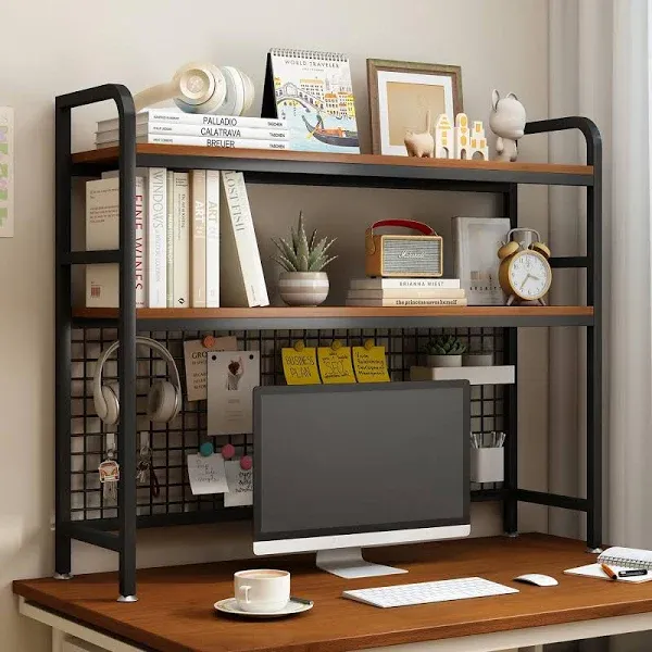  2-Tier Desktop Hutch Bookshelf - Metal Desk Shelf Bookcase with 37.4&#034;W Black