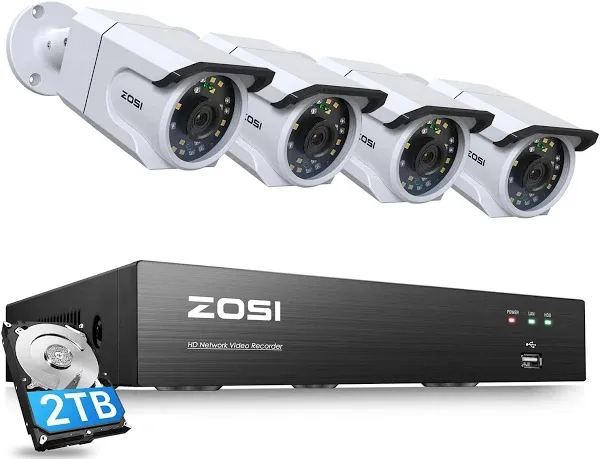 ZOSI 4K Ultra HD Security Camera System,4pcs 8MP IP66 Weatherproof Outdoor Surveillance Bullet Cameras,Color Night Vision,Human Detection,8 Ports 16CH 4K Video NVR with 2TB HDD for 24/7 Recording