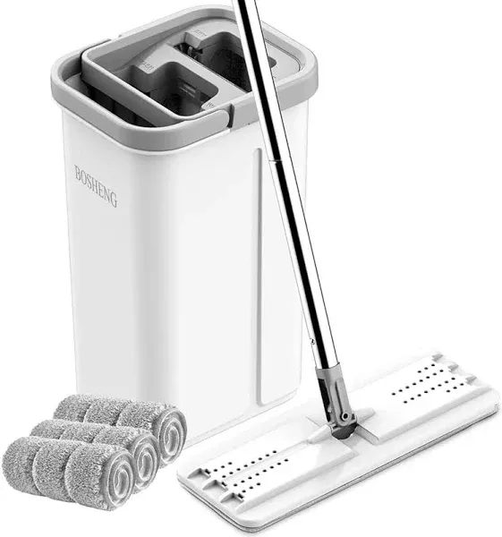 BOSHENG Mop and Bucket with Wringer Set, Hands Free Flat Floor Mop and Bucket, 3