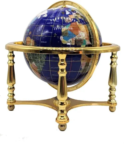 Unique Art Since 1996 Geography 14in Blue Lapis Gemstone Globe with Gold Stand