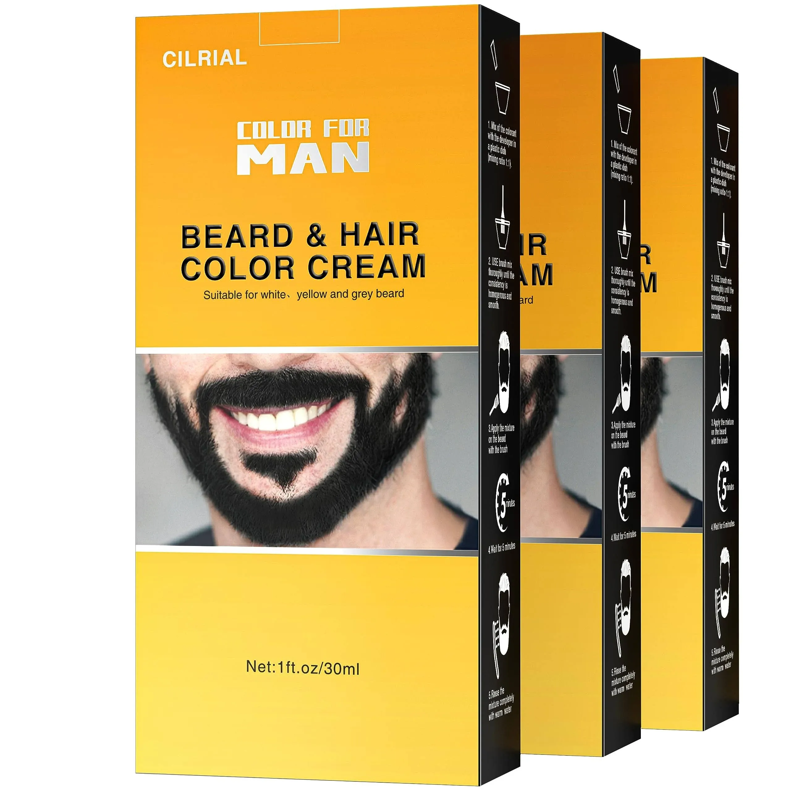 Black Beard and Mustache Beard Dye Kit - 3 Pcs Fast and Easy Coloring for Men With Brush, Covers Gray Facial Hair