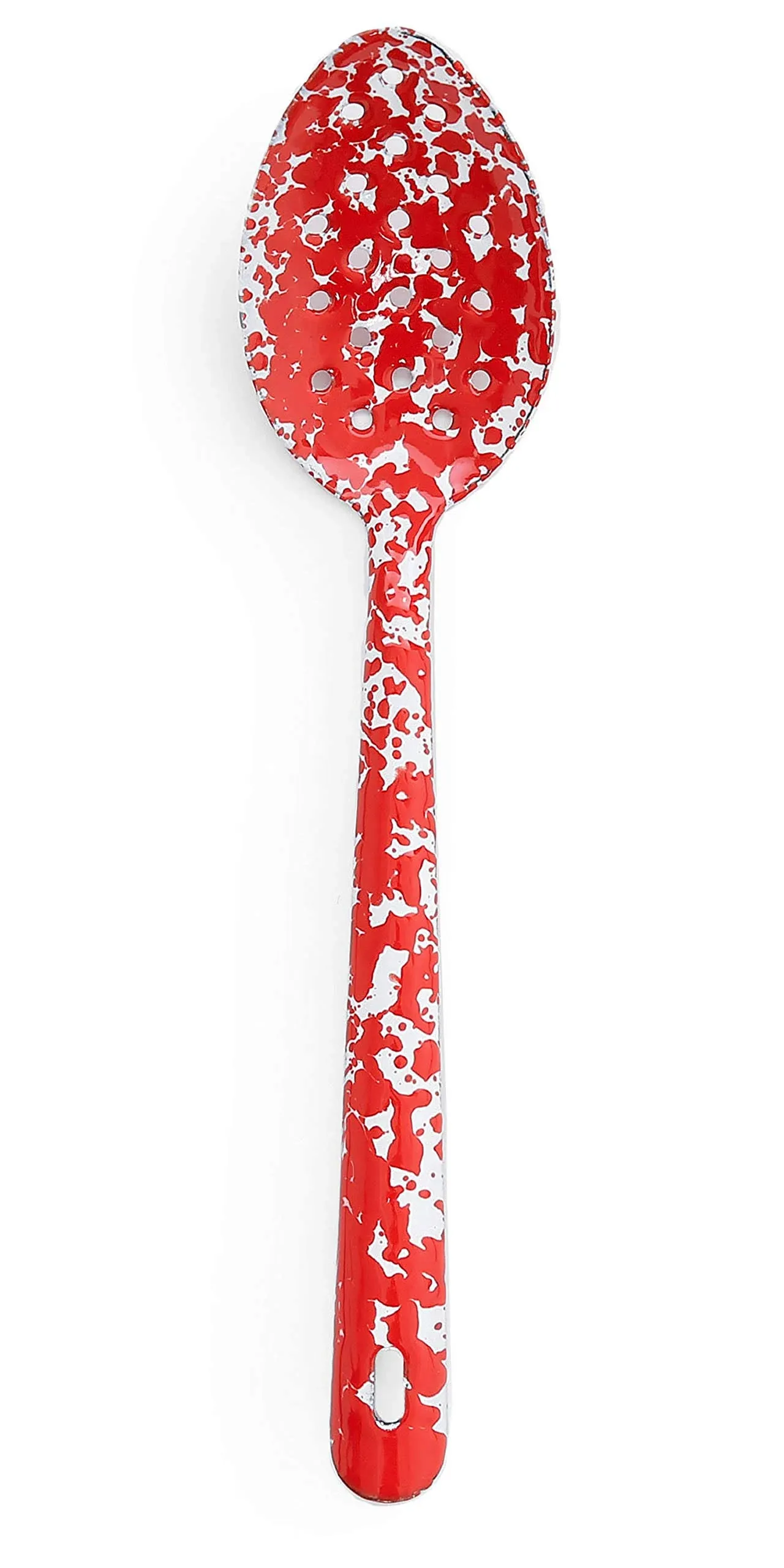 Enamelware Slotted Spoon, 12 inch, Red/White Splatter (Single)