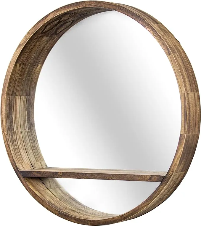 American Art Decor Round Decorative Wall Mirror - Wooden Wall Mirror w/Storage Shelf - Small Hanging Accent Mirror for Living