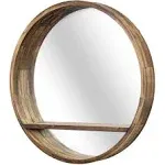 American Art Decor Round Decorative Wall Mirror - Wooden Wall Mirror w/Storage Shelf - Small Hanging Accent Mirror for Living