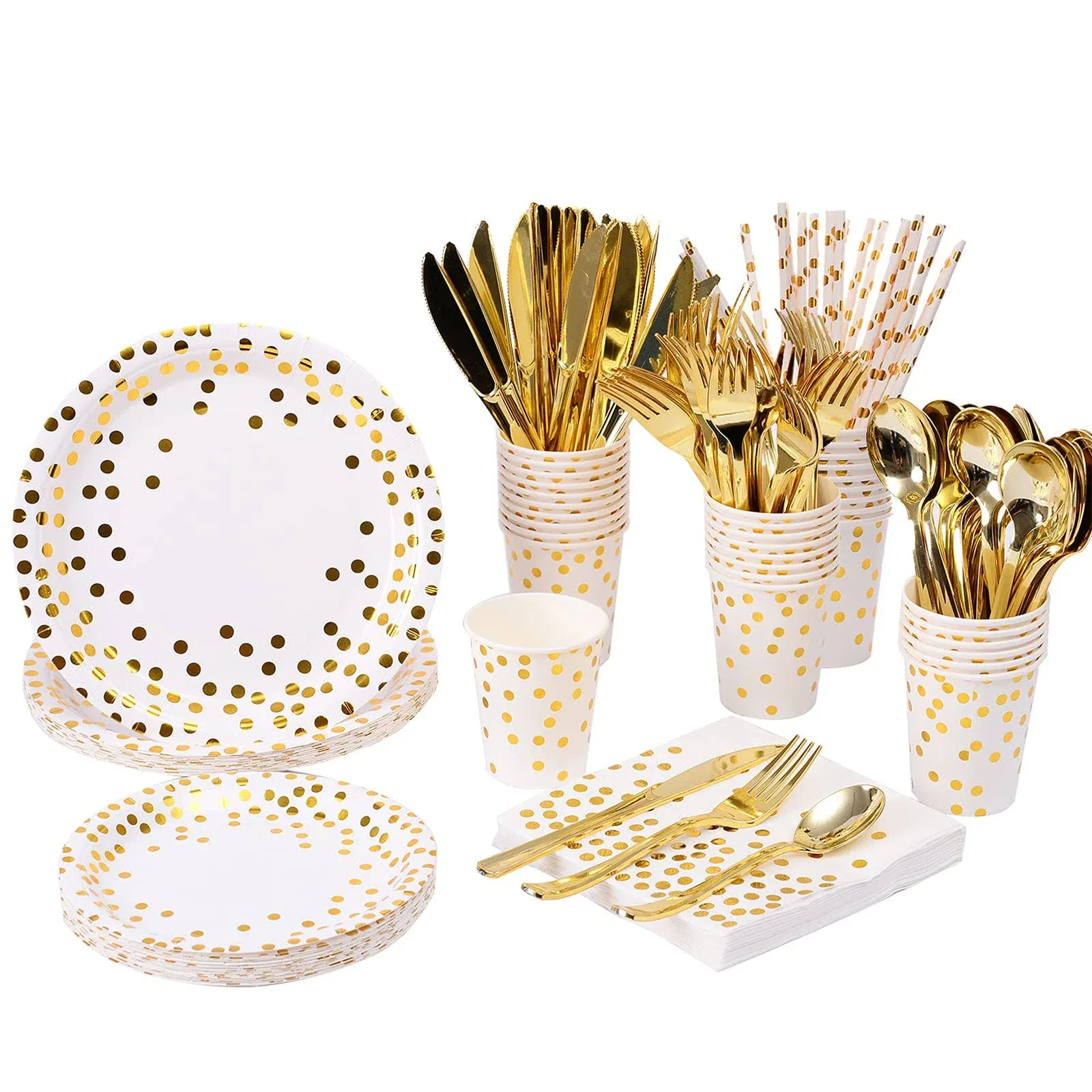 200pcs Gold Party Supplies - Gold Paper Plates & Napkins Cups Silverware Serves ...