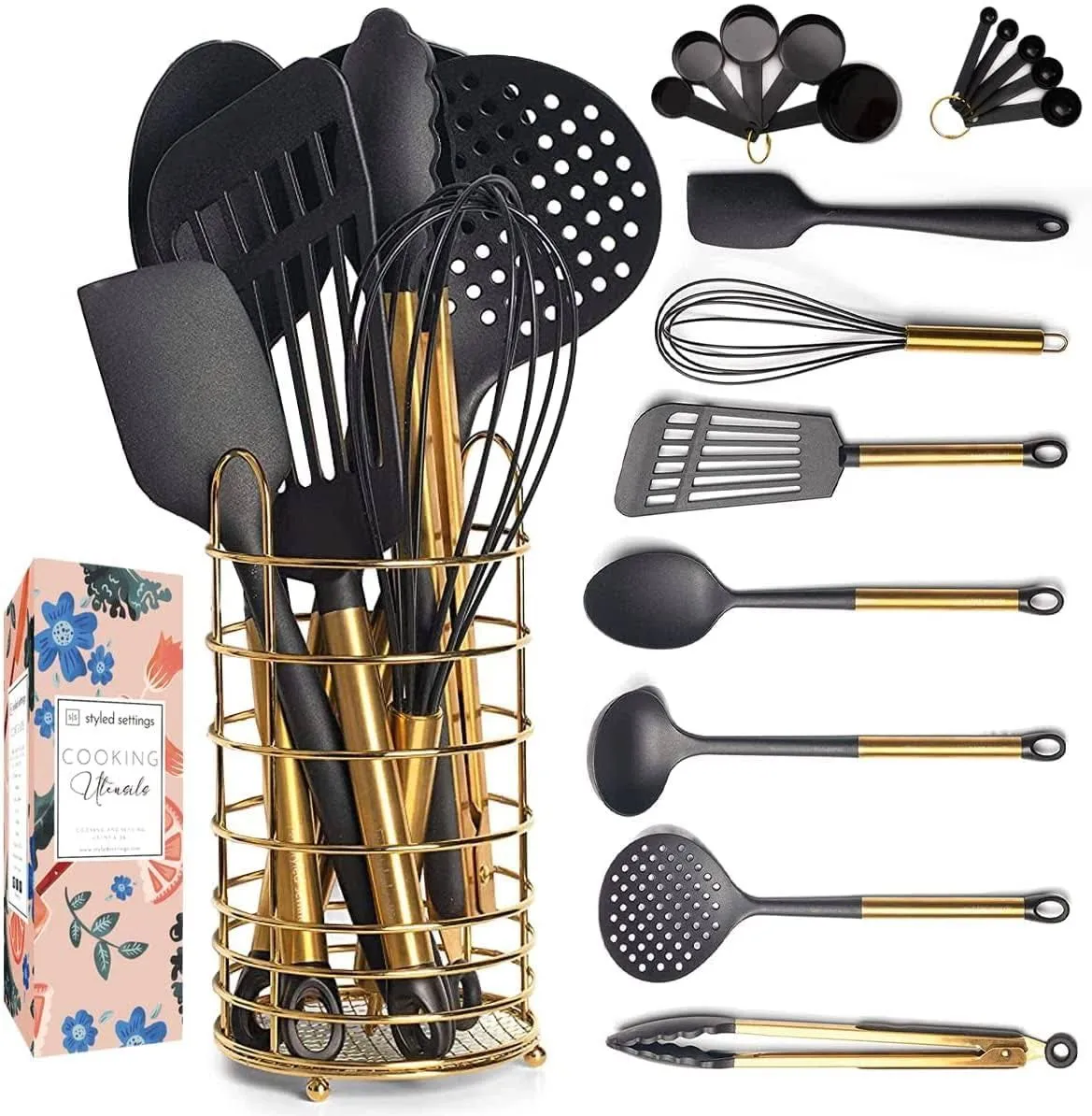 Styled Settings Black and Gold Silicone Kitchen Utensils Set, Black &amp; Gold -