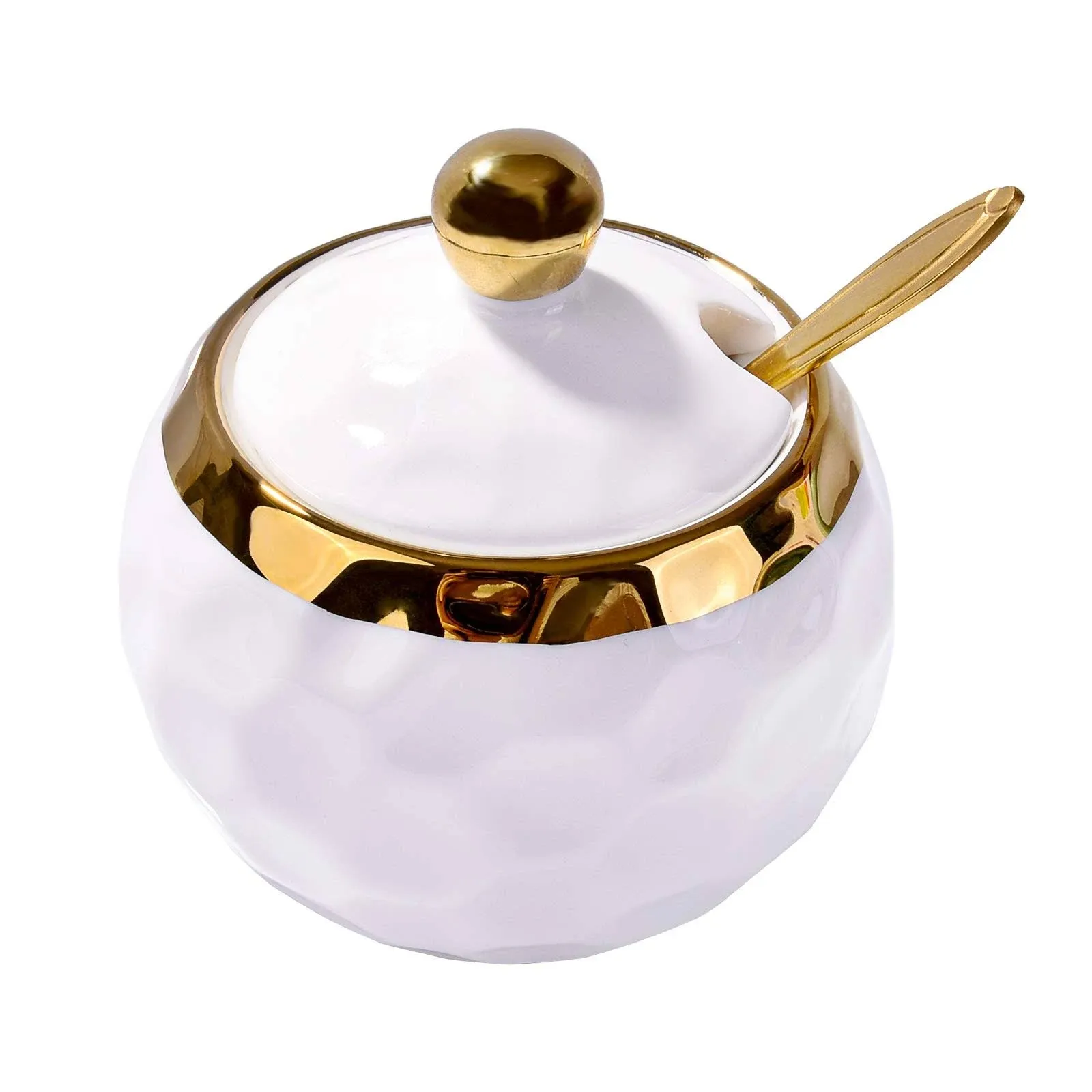 Ceramic Sugar Bowl Golf Shaped Ceramic Sugar Bowl with Lid and Golden Spoon f...