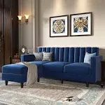 Blue Velvet L-Shaped Sectional Sofa with Convertible Ottoman