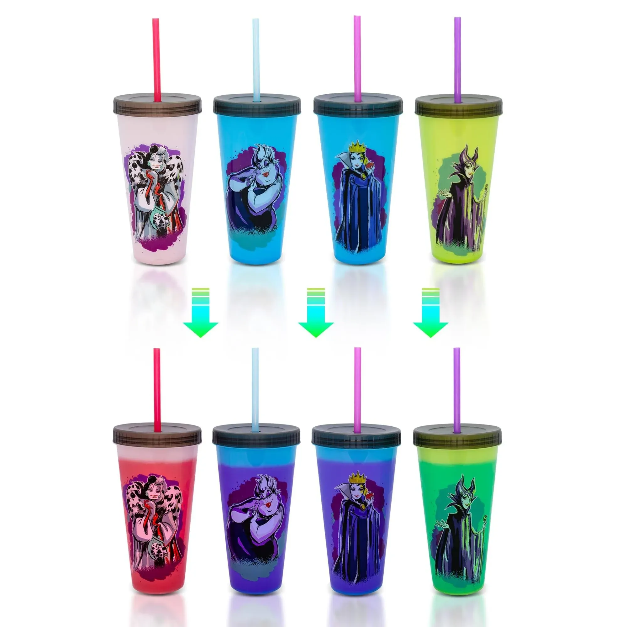 Silver Buffalo Disney Villains Color-Changing Plastic Tumblers (Set of 4)