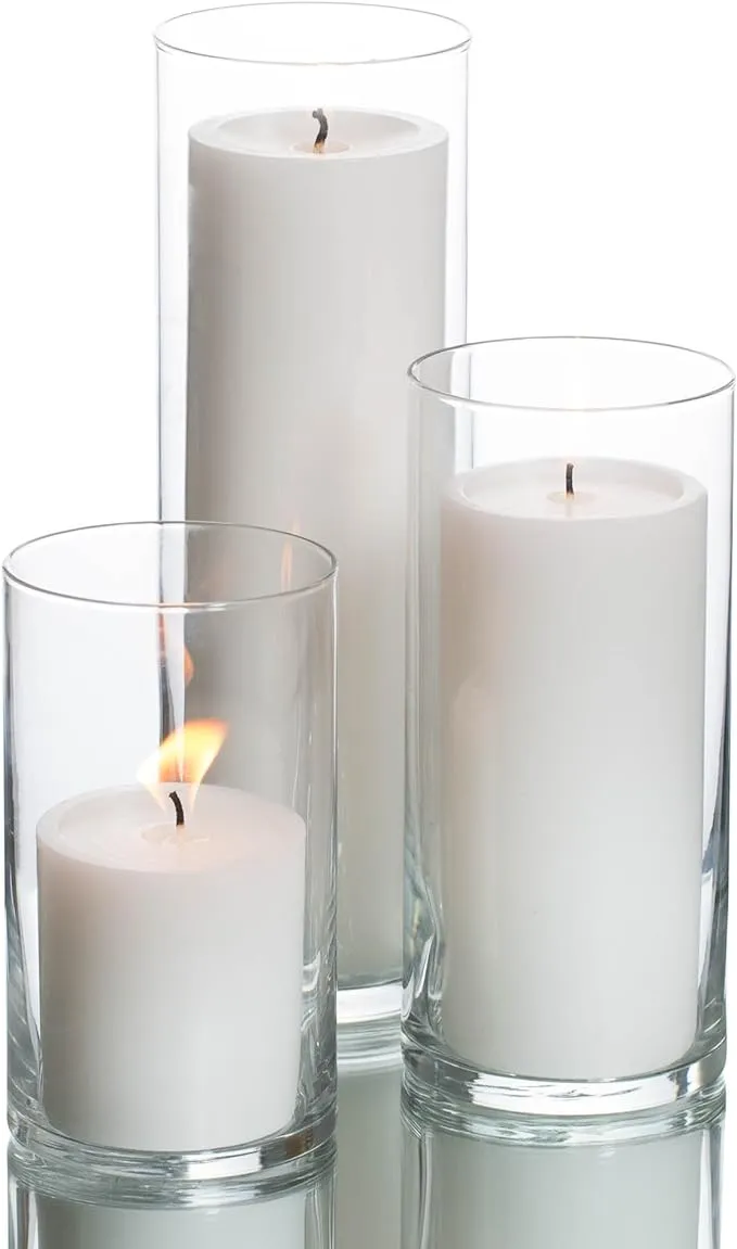 Set of 3 Glass Eastland Cylinder Vases and 3 White Pillar Candles 3 inch