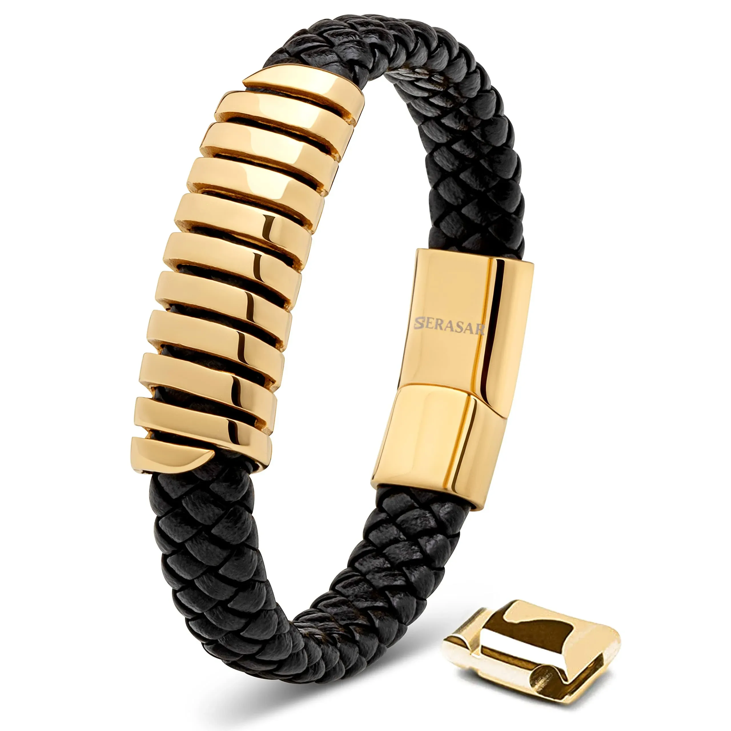 SERASAR | Men&#039;s Premium Leather Bracelet Helix  - Black, Silver &amp; Gold Colors