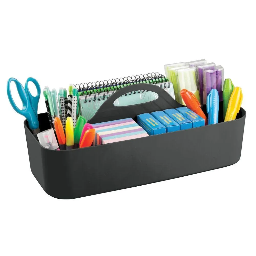 mDesign Large Plastic Divided Office Storage Organizer Caddy Tote with Handle for Cabinet, Desk, Workspace - Holds Desktop Supplies, Pens, Pencils, Markers, Staplers - Lumiere Collection - Black