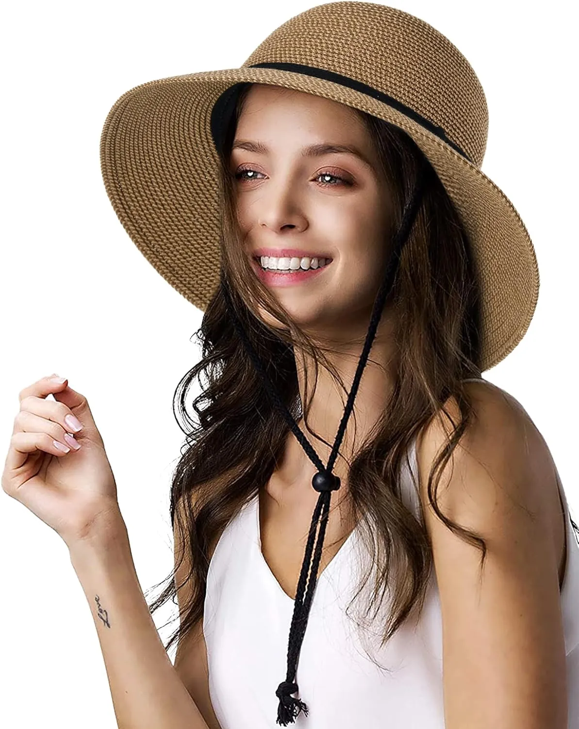 Furtalk Womens Wide Brim Sun Hat with Wind Lanyard UPF Summer Straw Sun Hats for ...