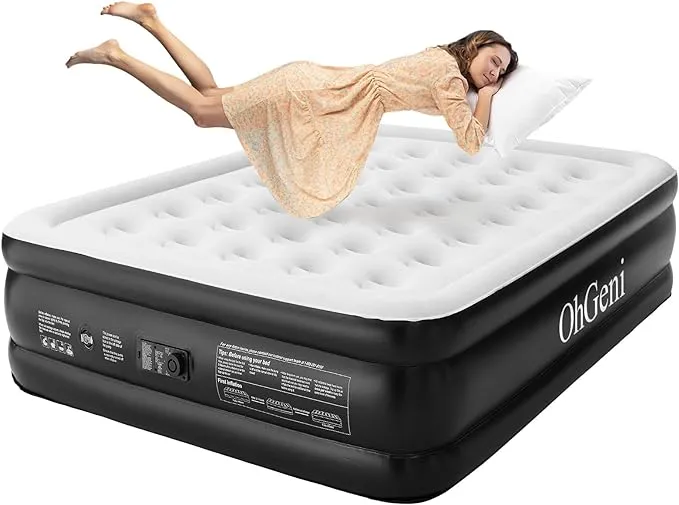 OhGeni Queen Air Mattress with Built in Pump, Blow Up Colchones Inflables Mattress for Guests, 18" Raised Elevated Air Bed,Black Airbed