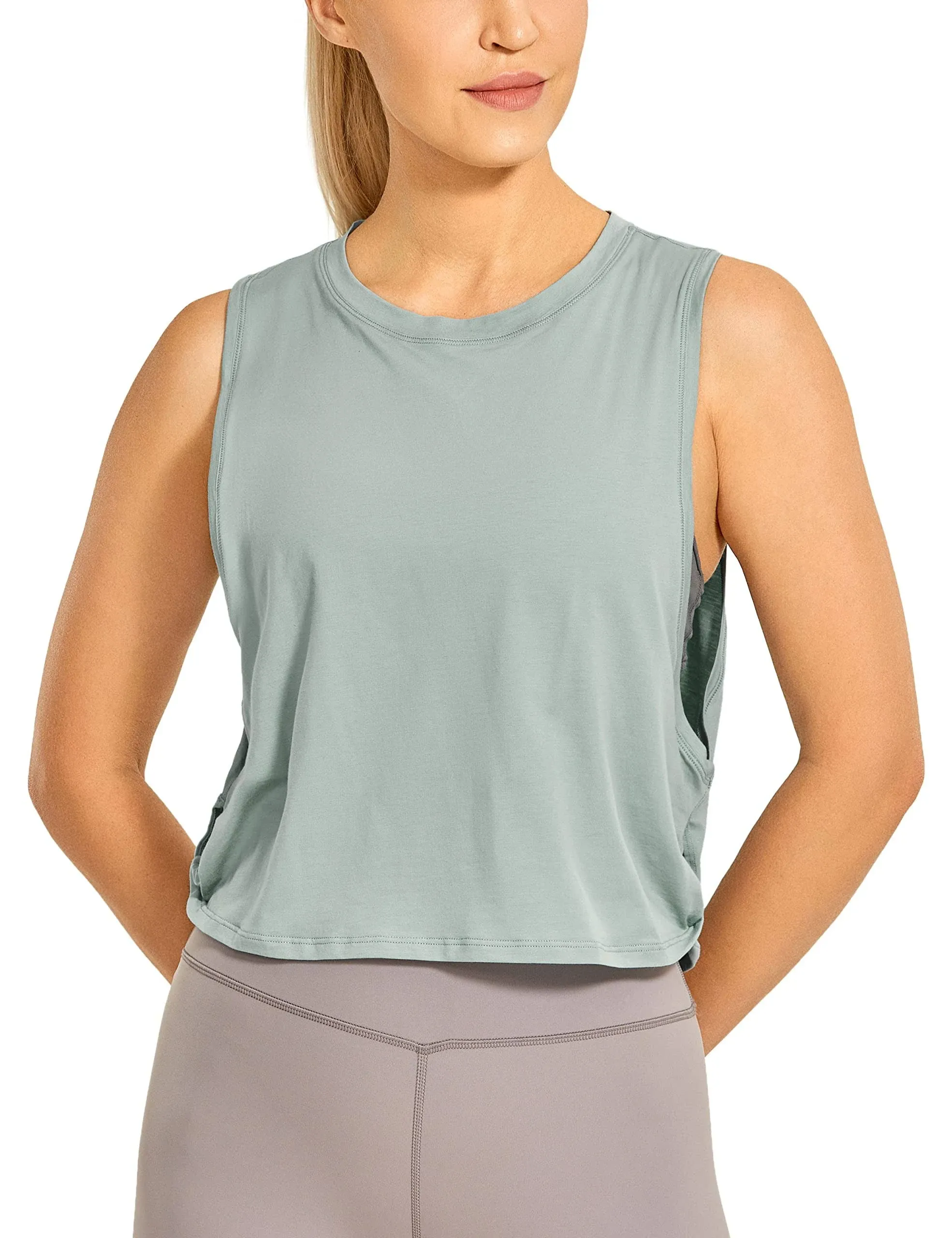 CRZ Yoga Women's Yoga Loose Fit Top Pima Cotton Crop Tank Deep Armhole Jade Grey / XS