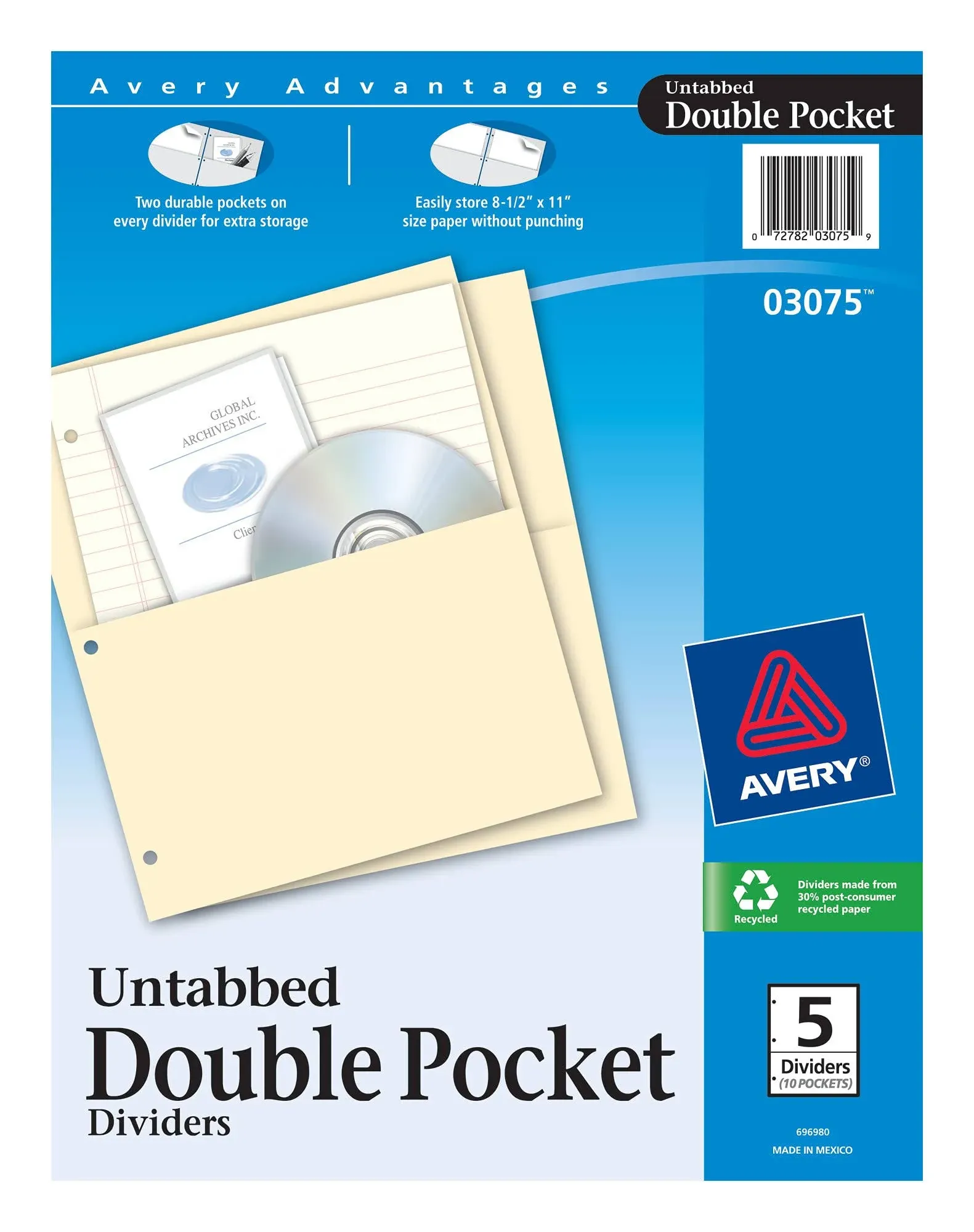 Avery Untabbed Double Pocket Dividers for 3 Ring Binders, Manila, Pack of 5 Dividers (03075)