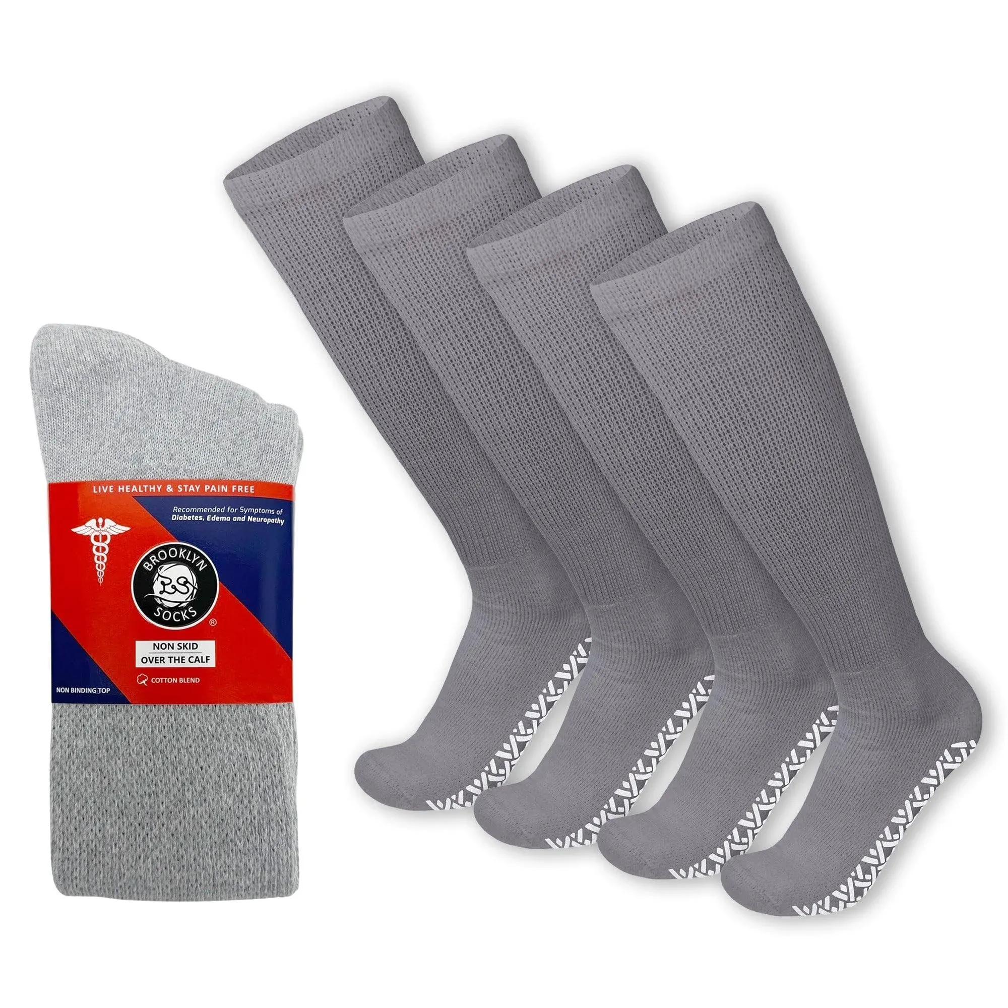 4 Pairs of Non-Skid Over-The-Calf Diabetic Cotton Socks with Non Binding Top (Gray, Fits US Men's Shoe size 9-12)