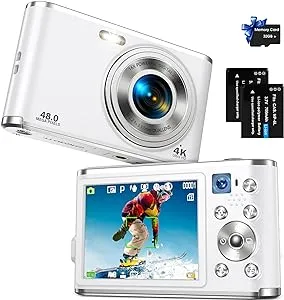 Digital Camera FHD 4K 48MP Vlogging Camera with Autofocus Dual Camera 16X Digital Zoom with 32GB Card Small Digital Cameras for Pictures Portable Compact Travel Camera for Kids Boys Girls Teens,White