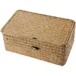 Rattan Storage Basket Makeup Organizer Multipurpose Container with Lid (M)