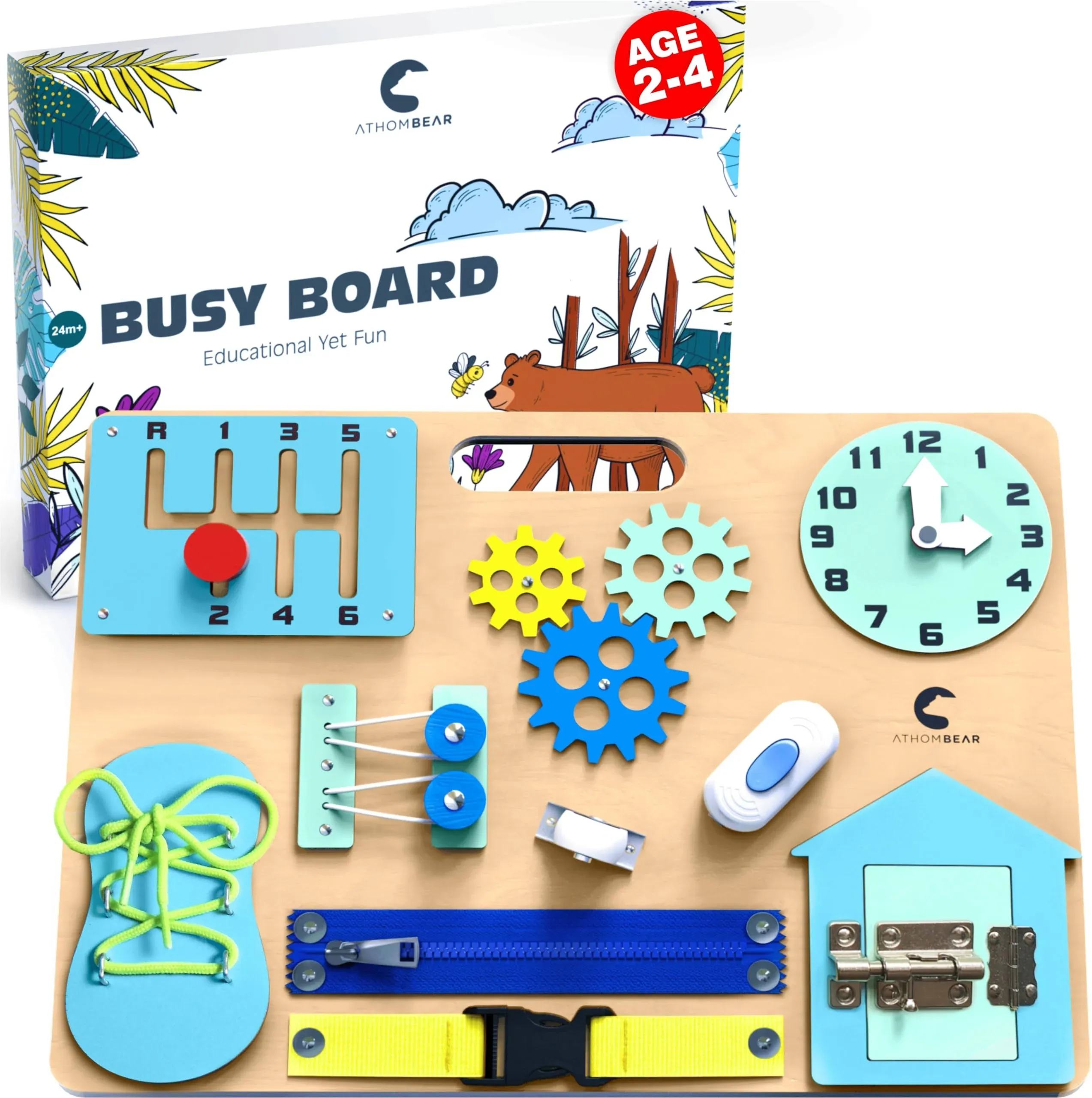 AthomBear Wooden Busy Board for Toddlers 1 2 3 4, Montessori Toy with Gift Box ...