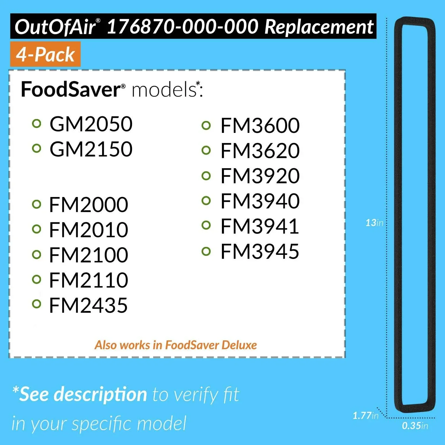 OutOfAir Replacement FoodSaver Vacuum Sealer Gasket Replaces Item 176870-000-000 - 4 Pack