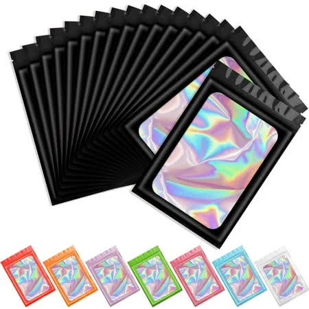 100 pcs Black Smell Proof Mylar Holographic Bags Packaging Bags,Clear Resealable Odor Proof Bags Foil Pouch Bags for Food Storage and Lipgloss,Jewelry,Eyelash Packaging for Small Business(6.3x9.4Inch)