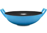 Bruntmor Pre Seasoned Cast Iron Wok Large Loop Handles Flat Base Blue 14-inch