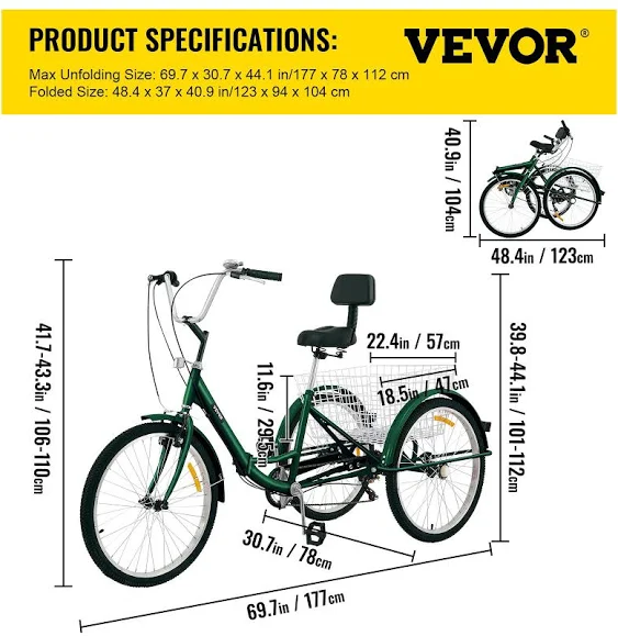 VEVOR Tricycle Adult 24’’ Wheels Adult Tricycle 7-Speed 3 Wheel Bikes For Adults Three Wheel Bike For Adults Adult Trike Adult Folding Tricycle Foldable Adult Tricycle 3 Wheel Bike Trike For Adults  | VEVOR US