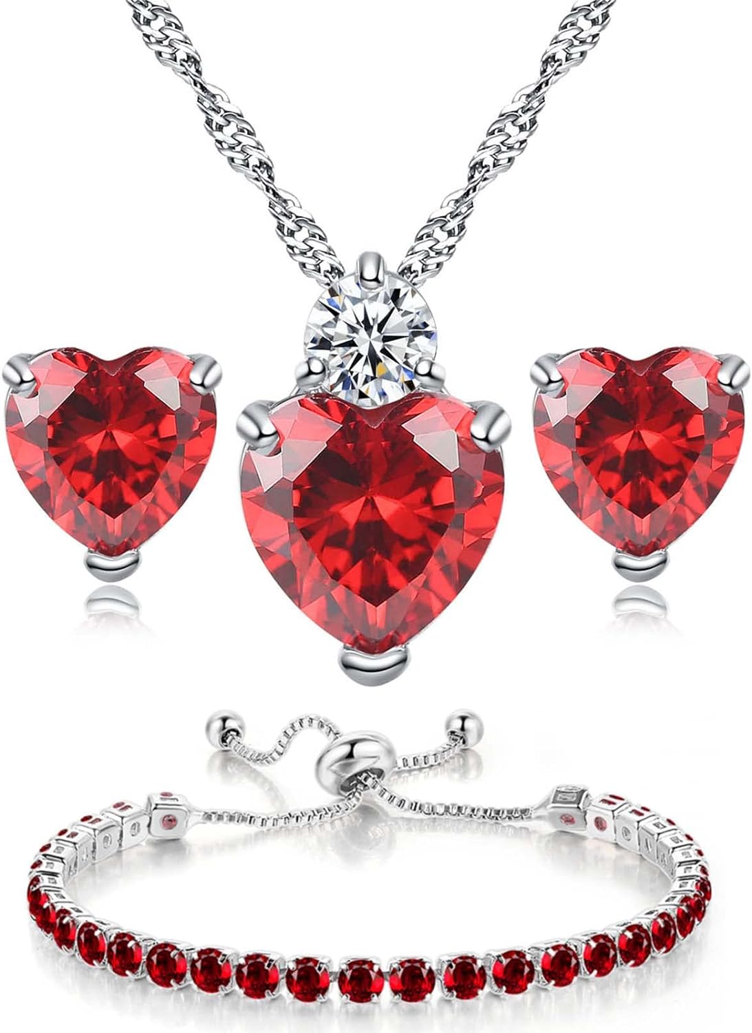 Hearts Necklace Necklace and Stud Earrings Bangle Set Simulated Ruby Crystal Sil