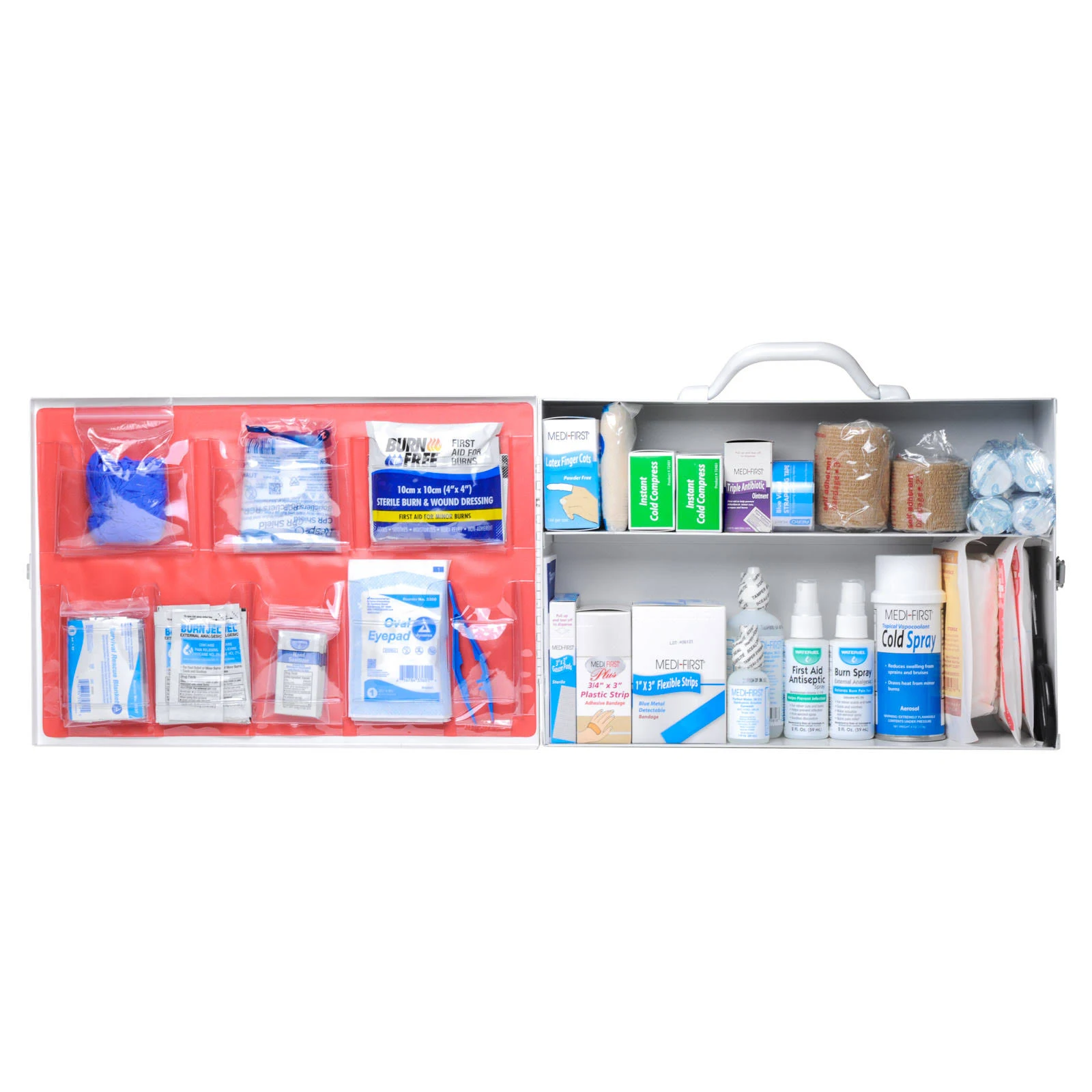 Restaurant First Aid Kit - 2 Shelf Metal Cabinet, OSHA 2021 Class A - Catering, Food Service Areas, Food Trucks - Metal First Aid Cabinet Wall Mount for Businesses - Burn Care & Blue Bandages