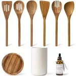 Lanzo Design Kitchen Utensil Set, 8 Pcs Wooden Cooking Utensils Spatula Set with Ceramic Holder (White Holder)