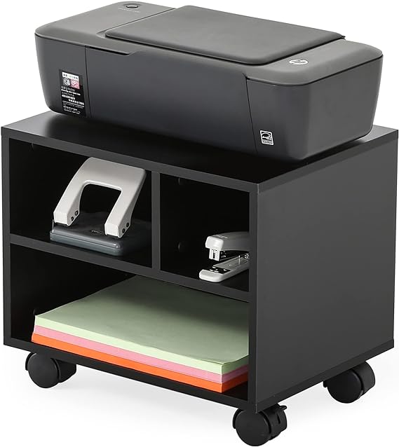 FITUEYES Mobile Printer Stand with Storage, Under Desk Black Wood Small Rolling Printer Table Work Cart with Wheels and 3 Compartment Organizer Spaces for Home Office, 15.7 x 11.8 x 13.8