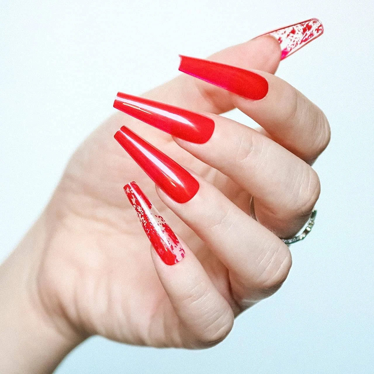 Allkem Burnt Red Ballerina Press on Nails | Glossy Extra Long Coffin| 10 sizes - 20 pcs Nail kit with Glue