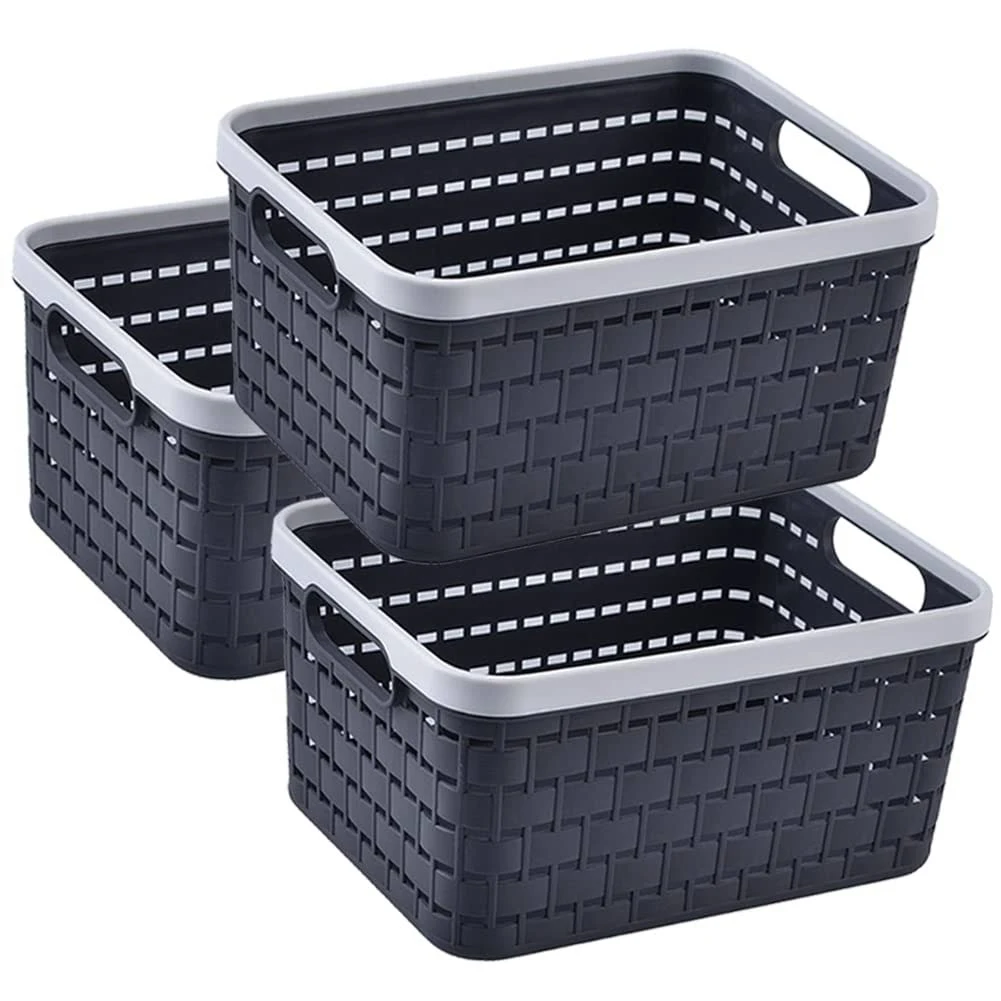 3 Pack Plastic Storage Basket 11 x 8.5 x 5 Inch, AYSUM Medium Plastic Baskets Stackable Plastic Woven Organizer with Handle for Toys, Pantry, Kitchen, Bedroom, Bathroom - Grey