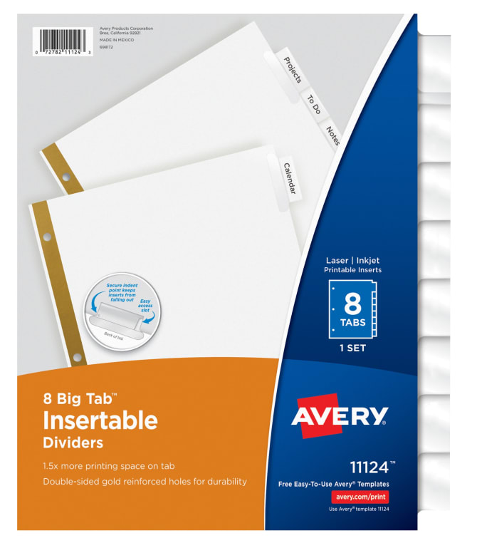 Avery® Big Tab™ Insertable Dividers for 3 Ring Binders, 8-Tab Set, White Paper, Clear Tabs, 1 Binder Divider Set (11124) | Avery.com