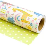 WRAPAHOLIC Reversible Baby Shower Wrapping Paper - Mini Roll - 17 Inch X 33 Feet - Animals & "New Baby" Design for Birthday, Holiday, Party