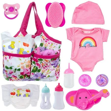 Ecore Fun 13 Piece Baby Doll Accessories Baby Doll Feeding and Caring Set Includes Diaper Bag Clothes Doll Diapers Baby Bottles Dinner Plate Pacifier Comb Babies Pretend Play Set for Toddlers Kids