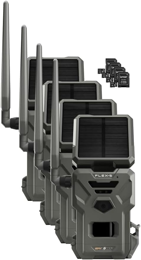 SPYPOINT Flex-S Solar Cellular Trail Camera (4 PK) Integrated Solar Panel, LTE Connectivity, 100-foot Flash/Detection Range + Four 32GB Micro SD Cards