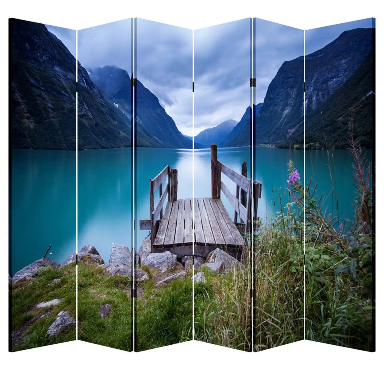 TOA 6 Panels Privacy Screen Room Divider Partition with Lake Dock Canvas Wate...