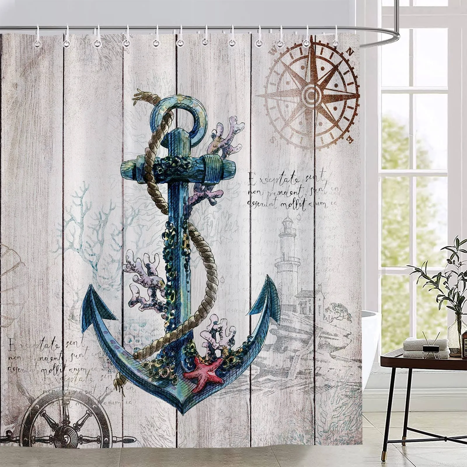 BOYIAN Nautical Anchor Shower Curtain Beach Coastal Rustic Wooden Vintage Oce...