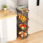 CHLORYARD 4 Tier Slim Fruit Basket for Kitchen, Stackable Metal Wire Fruit Vegetable Storage Baskets Organizer Stand On Wheels, Produce Basket Potato