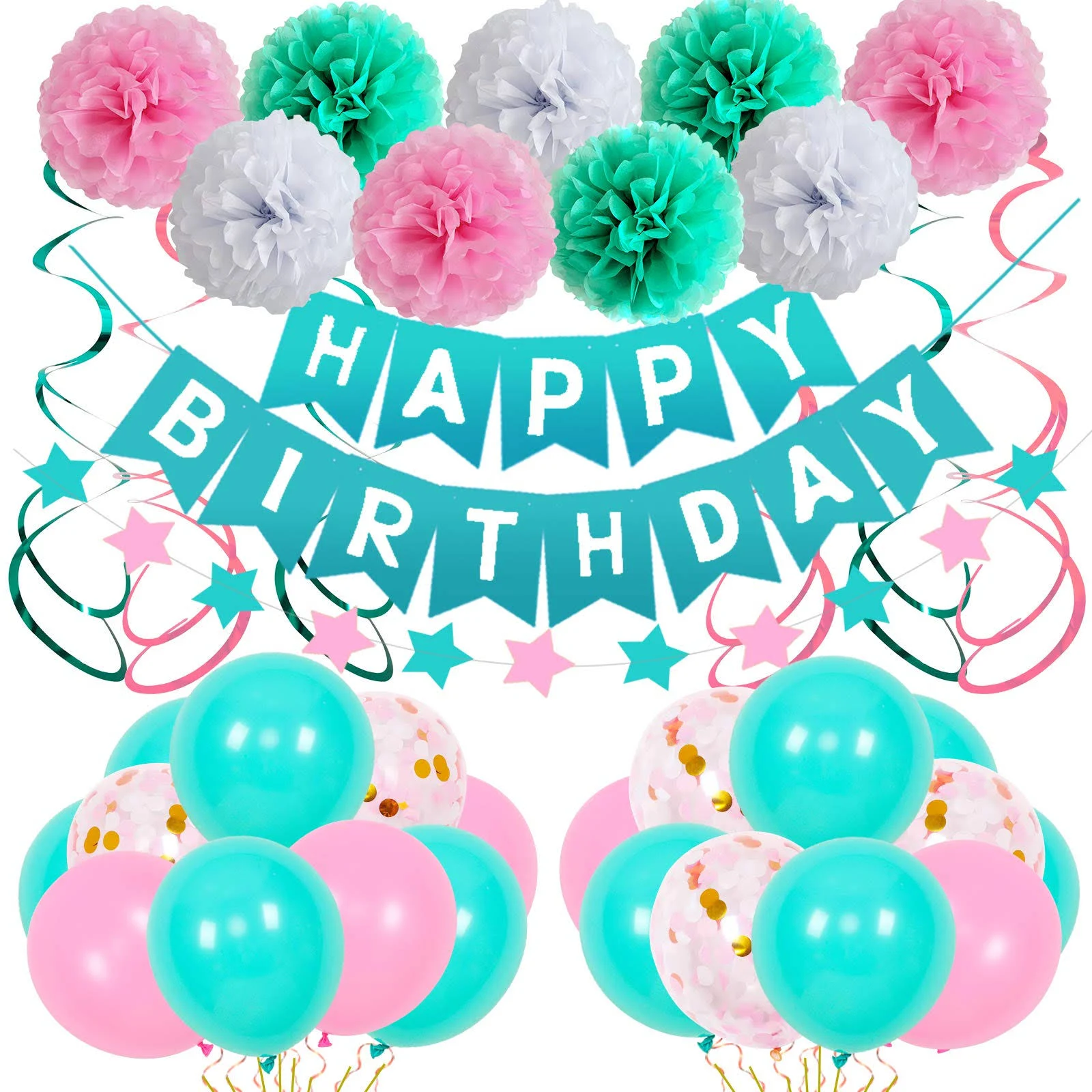 Birthday Decorations, Birthday Party Supplies Kit for Girls Women Happy Birthday Banner Pink Teal Latex Balloons Tissue Paper Pom Pom Star Garland Hanging Swirls Birthday Decor for 13th 16th 18th 21st