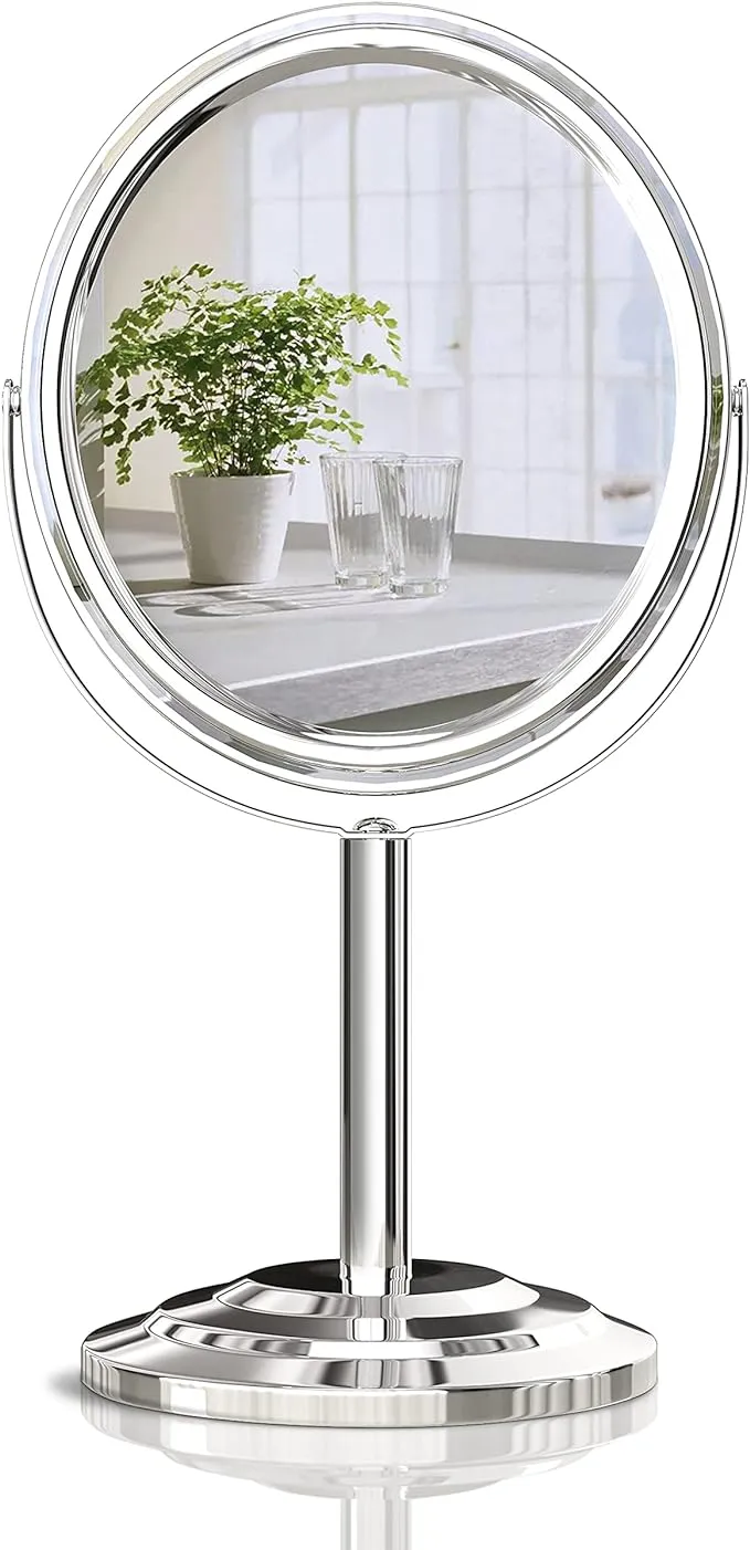 Tabletop Makeup Mirror, Two Sided 1X & 3X Magnifying Mirror, Magnified Vanity Mirror with 360 Degree Swivel for Bathroom or Bedroom, Chrome Finish, Silver