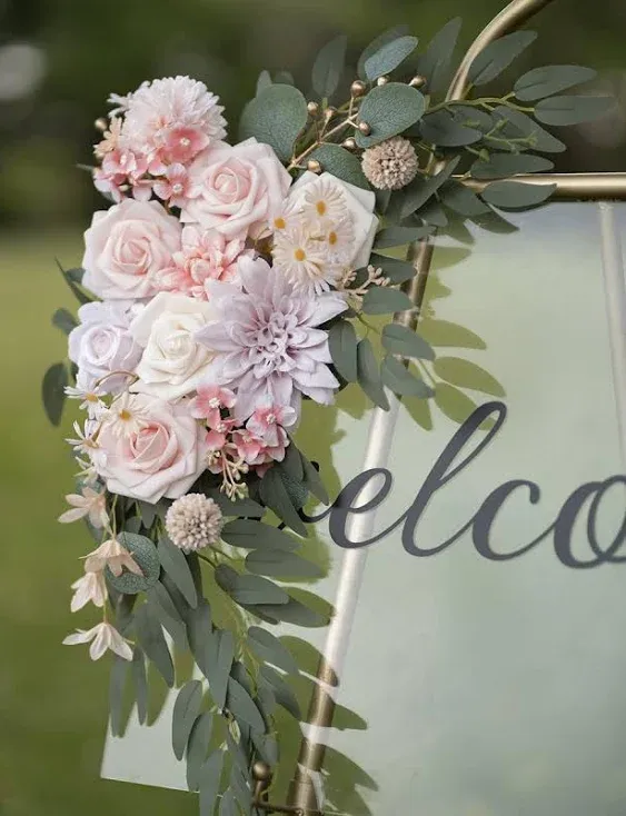 Artificial Flower Swag Wedding Arch Flowers Set of 2 Rose Flower Swag Arrangements for Wedding Party Welcome Ceremony Sign and Reception Backdrop Floral Decoration (Pink)