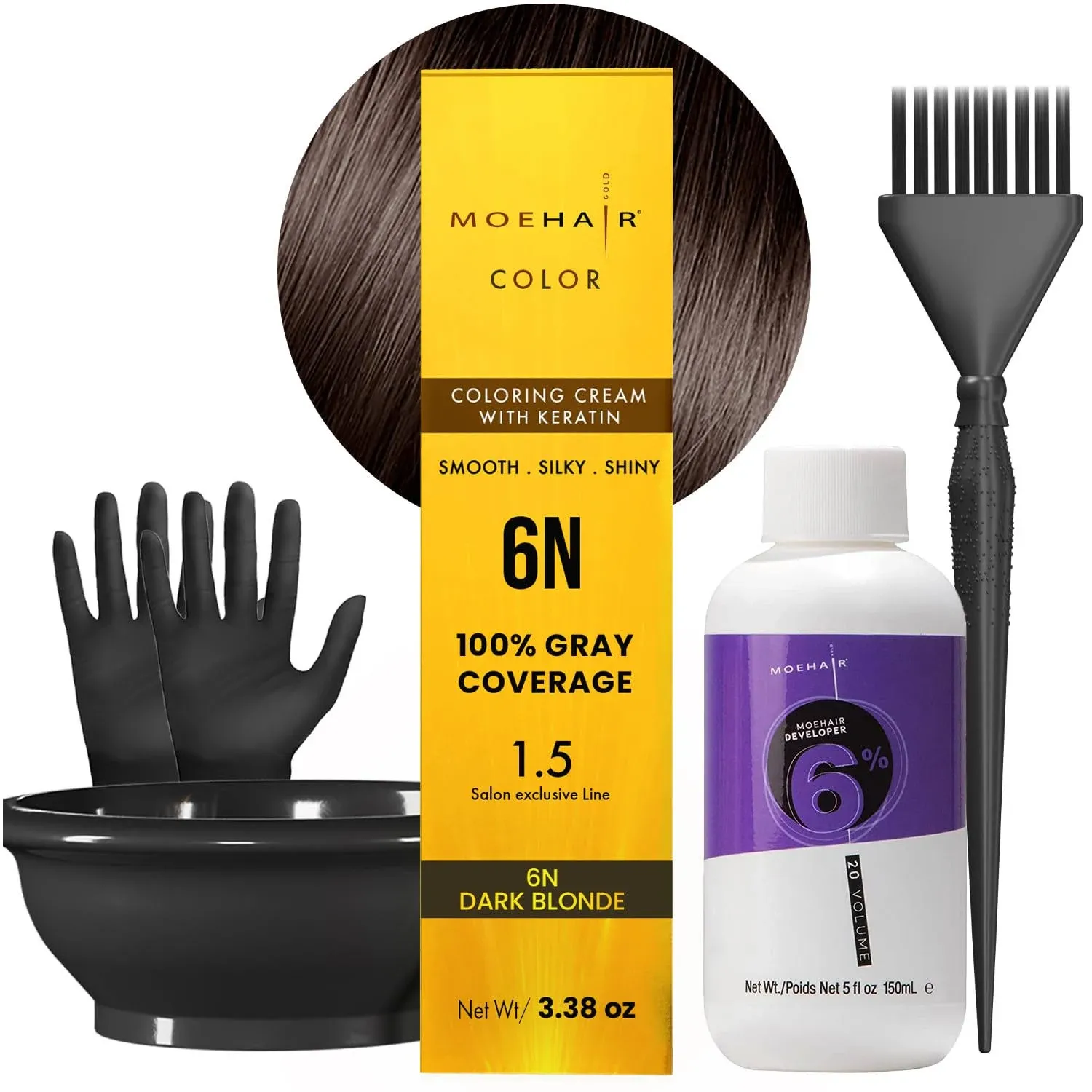 MOEHAIR Hair Coloring Kit | 6N Permanent Hair Color (Dark Blonde), 20 Volume Developer 6%, Coloring Brush, Gloves & Mixing Bowl | Keratin Infused Color | 100% Gray Coverage | Adds Shines & Softness