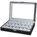 SONGMICS 24 Watch Box Large Watch Case Glass Top Black Display Organizer Faux ...