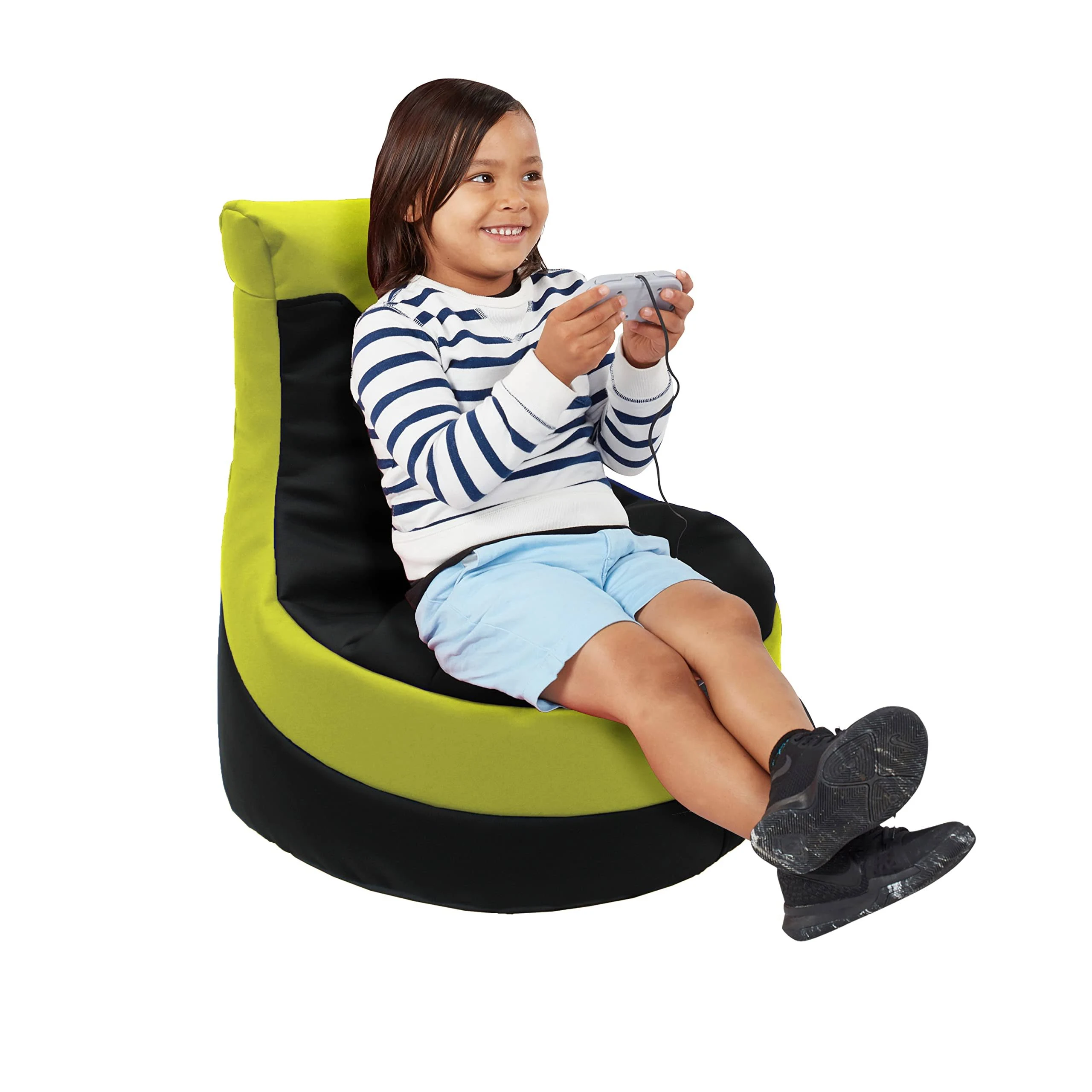 Factory Direct Partners SoftScape Little Gamer Bean Bag Chair for Kids, Comfy Bean-Filled Flexible Floor Seat for Reading, Gaming, Sitting in Playroom, Rec Room or Classroom - Black/Lime, 14453-BKLM