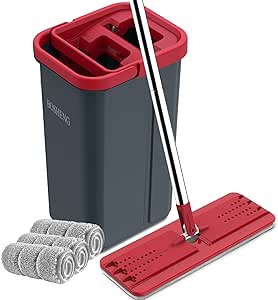 Hands-Free Mop and Bucket Set with 3 Washable Pads, Wet/Dry Floor Cleaning System, Red/Black