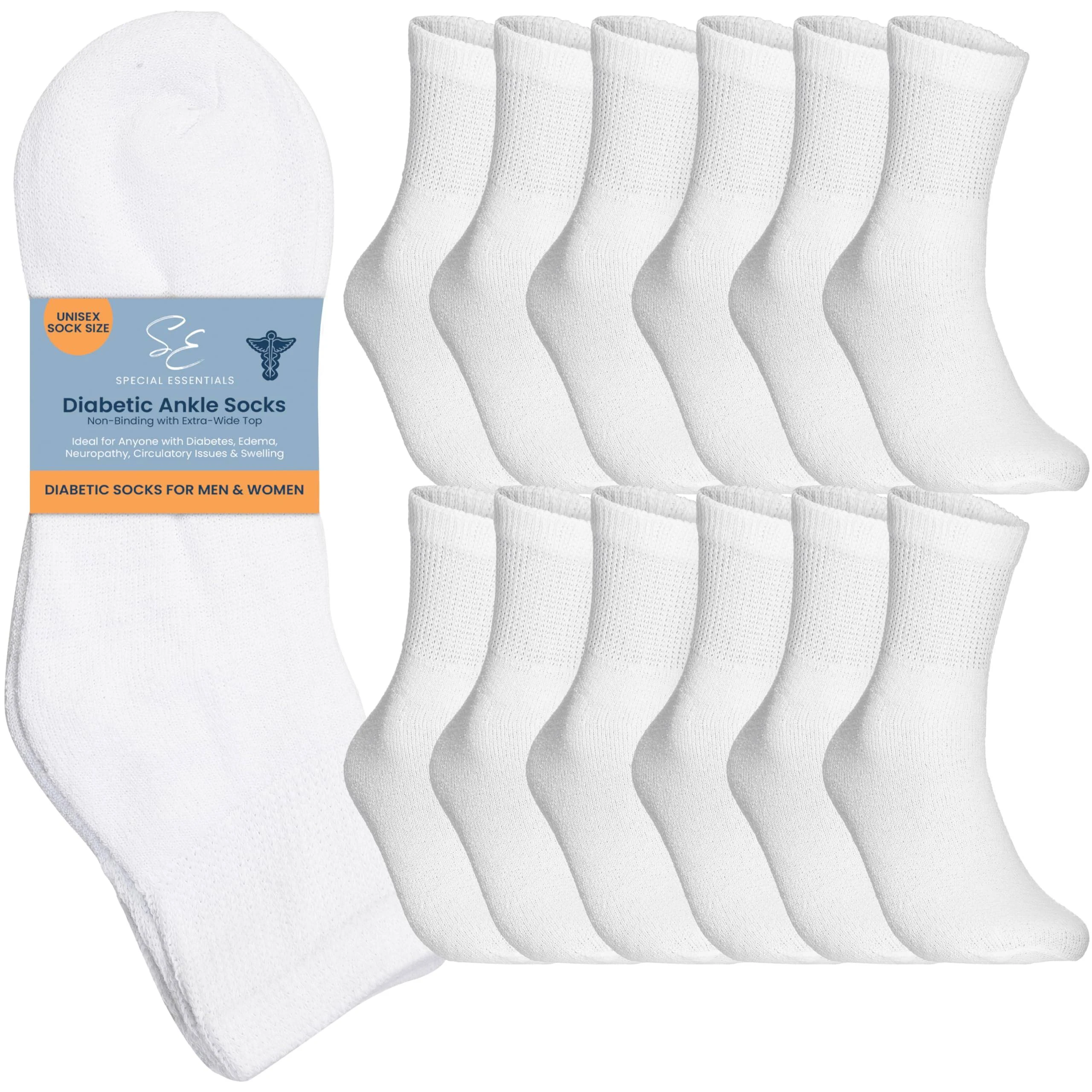 Special Essentials 12 Pairs Cotton Diabetic Ankle Socks - Non-Binding With Extra Wide Top For Men and Women